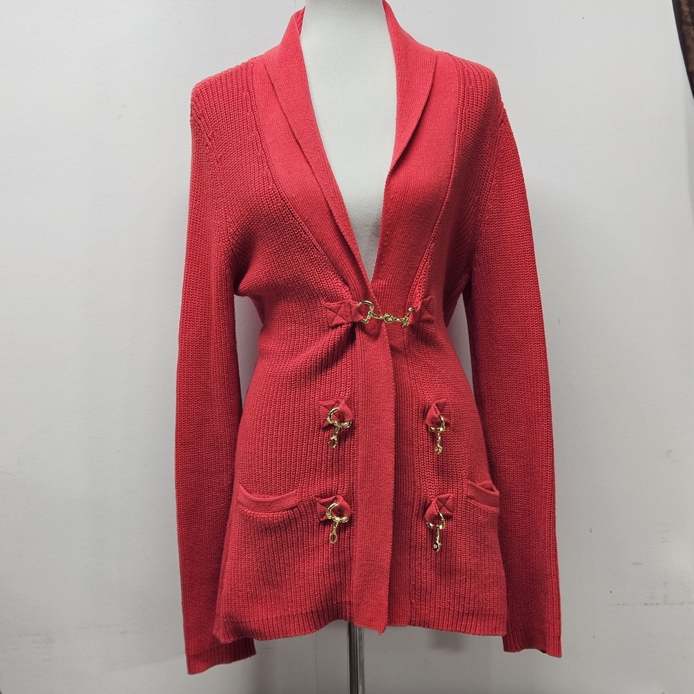 Soft Surroundings Full Zip Sweater Large  Red Shacket Holiday Big Buckles